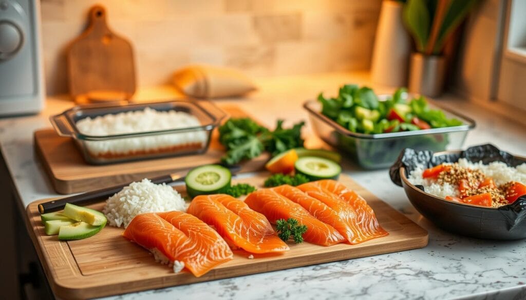 Oven-baked salmon sushi bake preparation