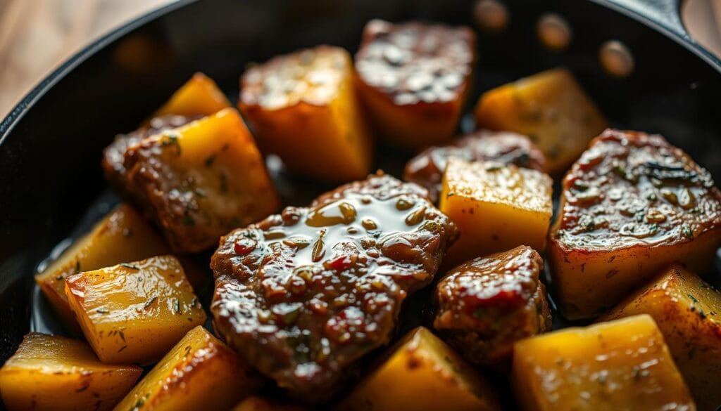 Seasoning Steak Bites and Potatoes in Garlic Butter