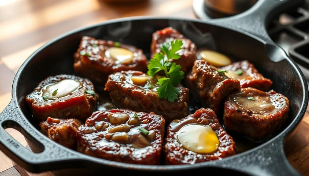 Cooking Garlic Butter Steak Bites in Skillet