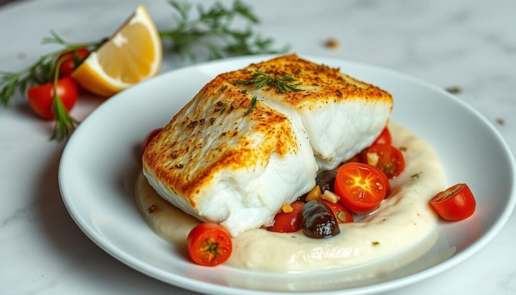 Elegant cod fish dinner presentation