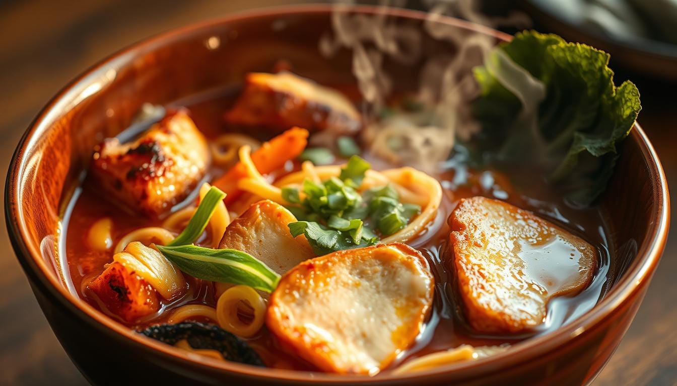 Fiery Chicken Ramen with Creamy Garlic Sauce