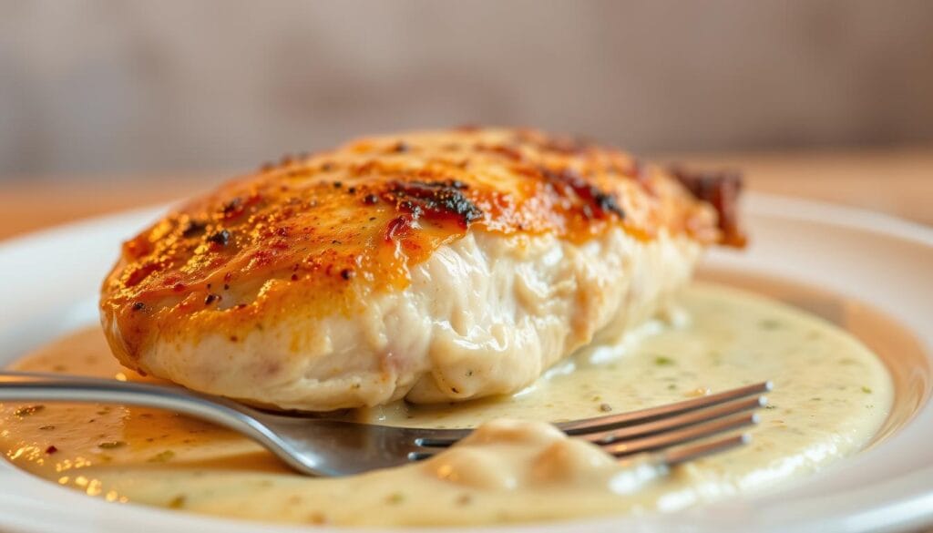 Perfectly cooked chicken in creamy garlic sauce