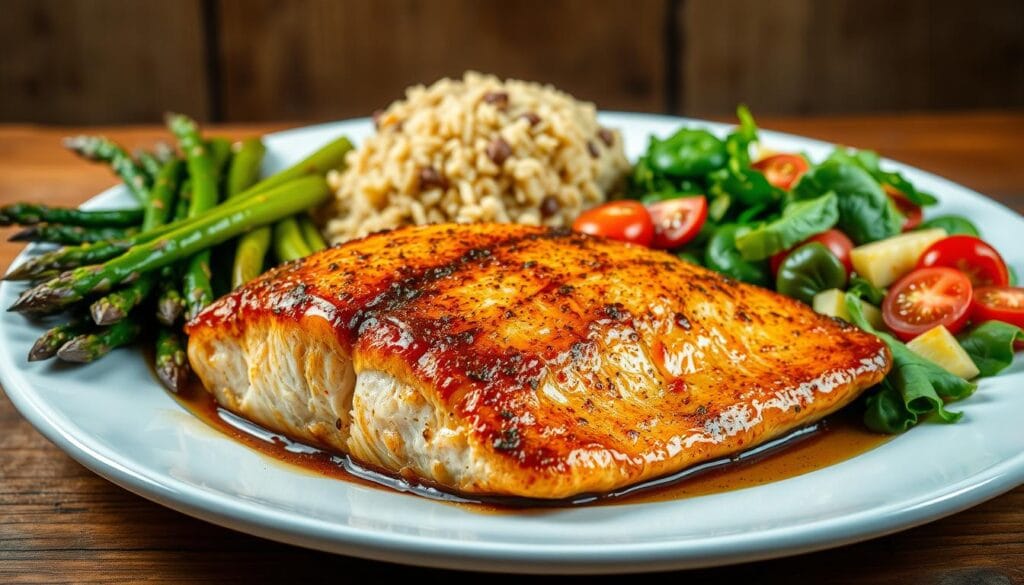 Salmon dinner with side dishes