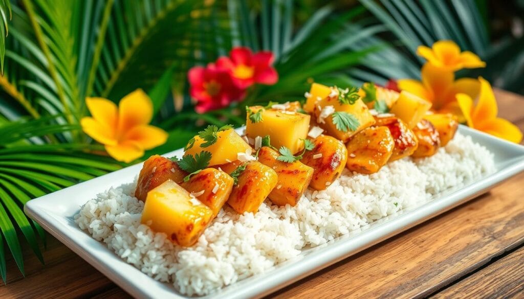 Tropical Pineapple Chicken Rice Presentation