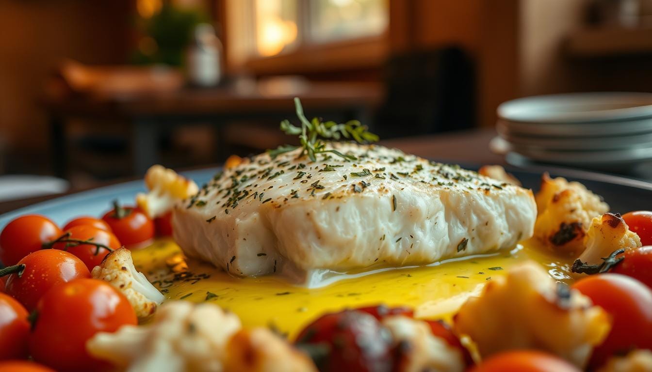 baked cod with herb butter, tomatoes and cauliflower