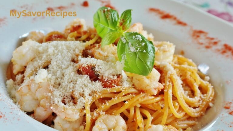 Cauliflower Alfredo Pasta with Grilled Shrimp