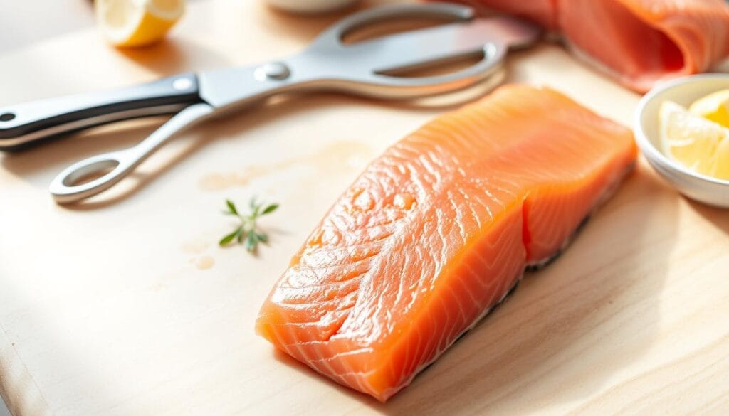 Fresh salmon fillet preparation for delicious seafood dish Fresh salmon fillet preparation for delicious seafood dish