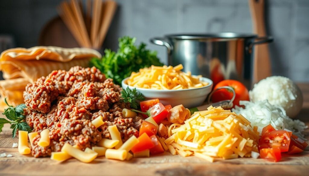 Ingredients for Cheesy Beef Bowtie Pasta Ingredients for Cheesy Beef Bowtie Pasta