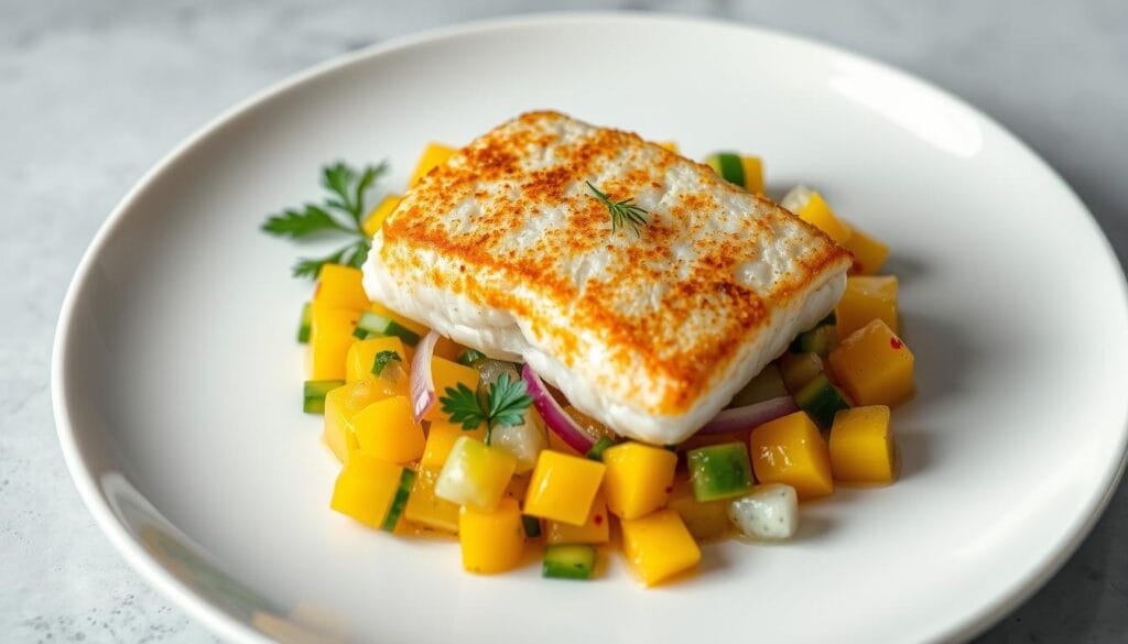 Cod with cucumber and mango salsa plating Cod with cucumber and mango salsa plating