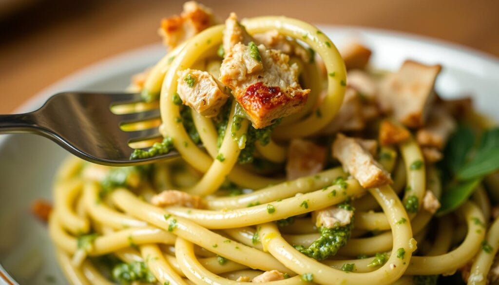 Creamy pesto pasta with chicken preparation Creamy pesto pasta with chicken preparation
