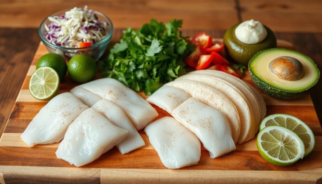 Fresh ingredients for homemade fish tacos Fresh ingredients for homemade fish tacos