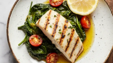 Grilled Cod with Spinach and Tomatoes