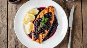 Grilled Salmon Steaks with Blueberry Sauce