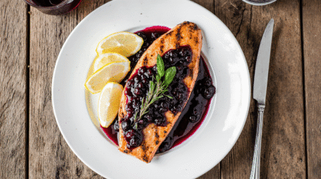 Grilled Salmon Steaks with Blueberry Sauce