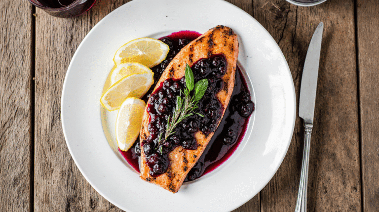 Grilled Salmon Steaks with Blueberry Sauce