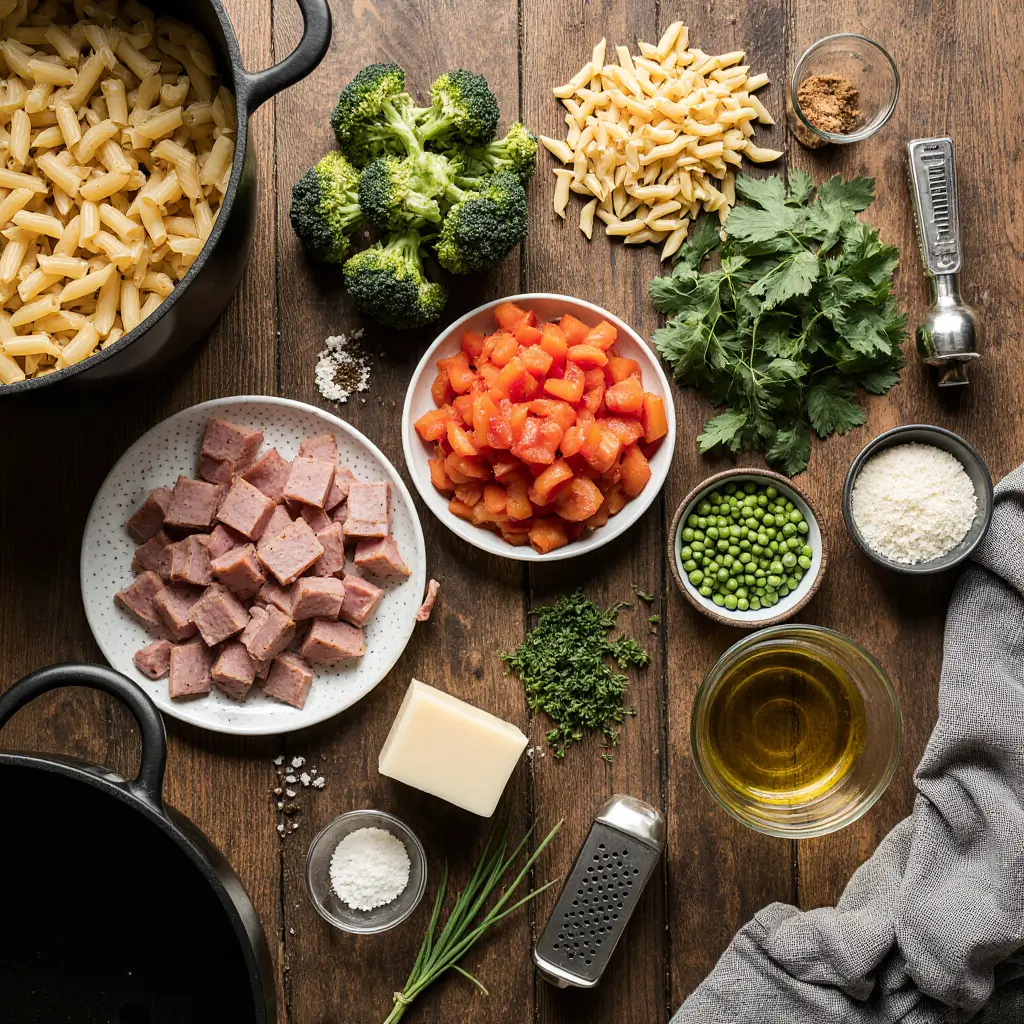 One-Pot Ham and Veggie Pasta ingredients