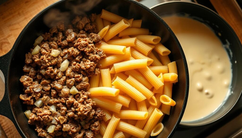 One-pan pastitsio cooking process One-pan pastitsio cooking process