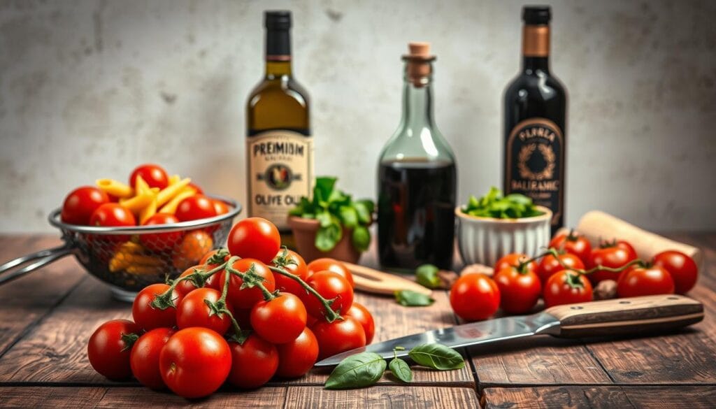 Cherry tomato pasta ingredients and cooking tools