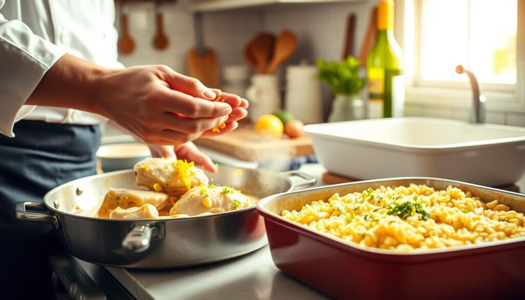 Lemony Chicken Piccata Orzo Casserole Preparation