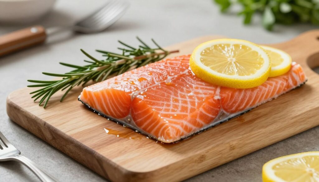 Fresh salmon fillet with lemon and rosemary