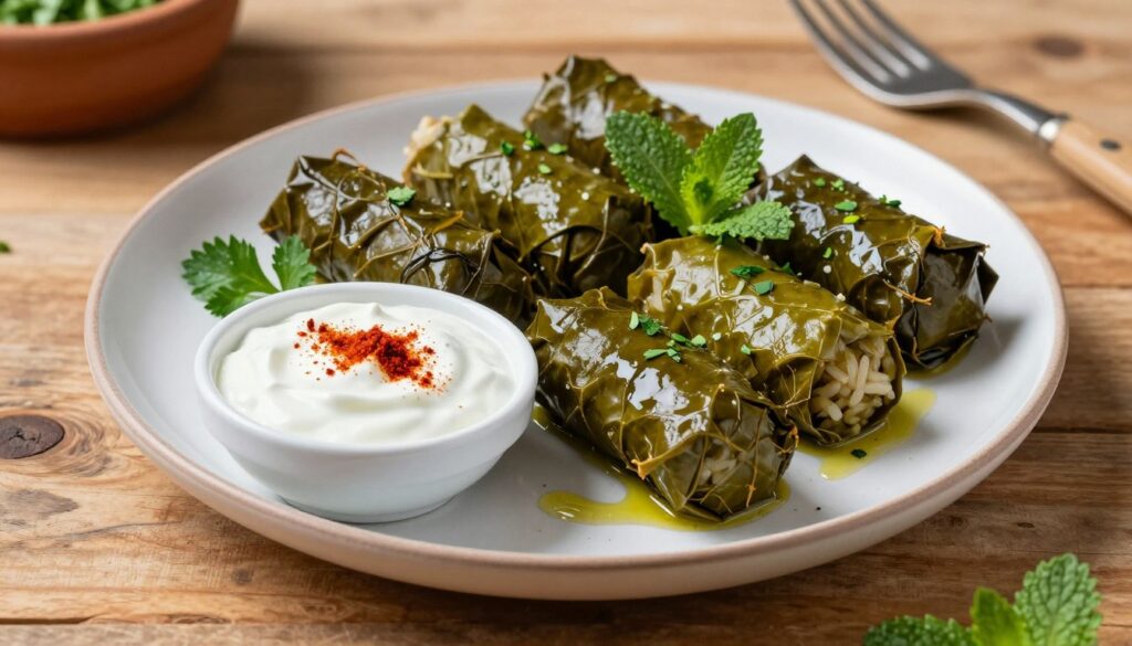 Lamb and rice stuffed grape leaves