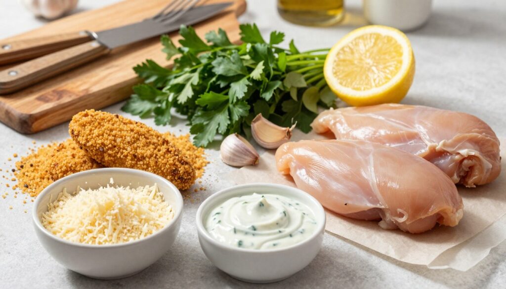 Essential ingredients for breaded Parmesan ranch chicken Essential ingredients for breaded Parmesan ranch chicken