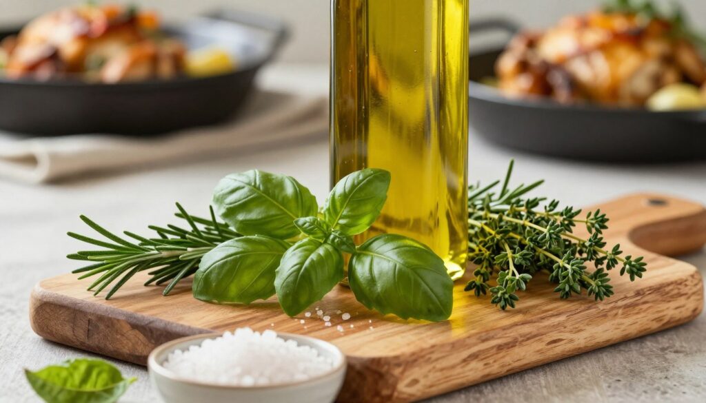 Fresh herbs and quality olive oil for flavorful chicken dishes Fresh herbs and quality olive oil for flavorful chicken dishes