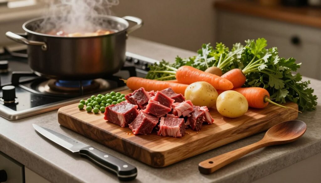 beef pot pie filling preparation with beef and vegetables