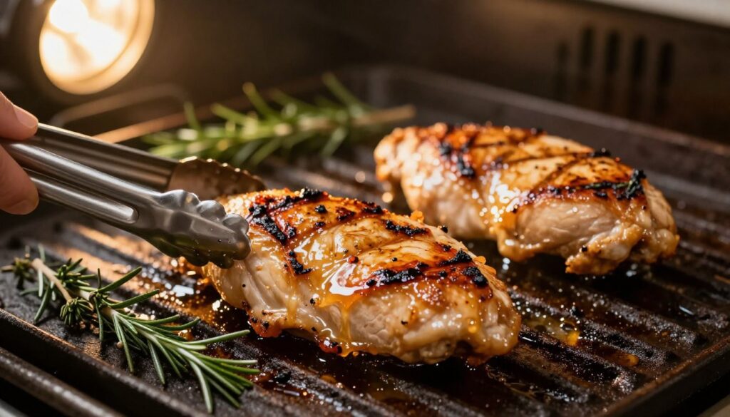 broiled chicken breasts cooking under high heat