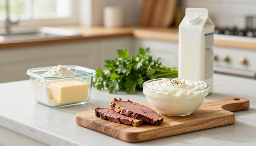 chipped beef recipe ingredients laid out on a kitchen counter chipped beef recipe ingredients laid out on a kitchen counter