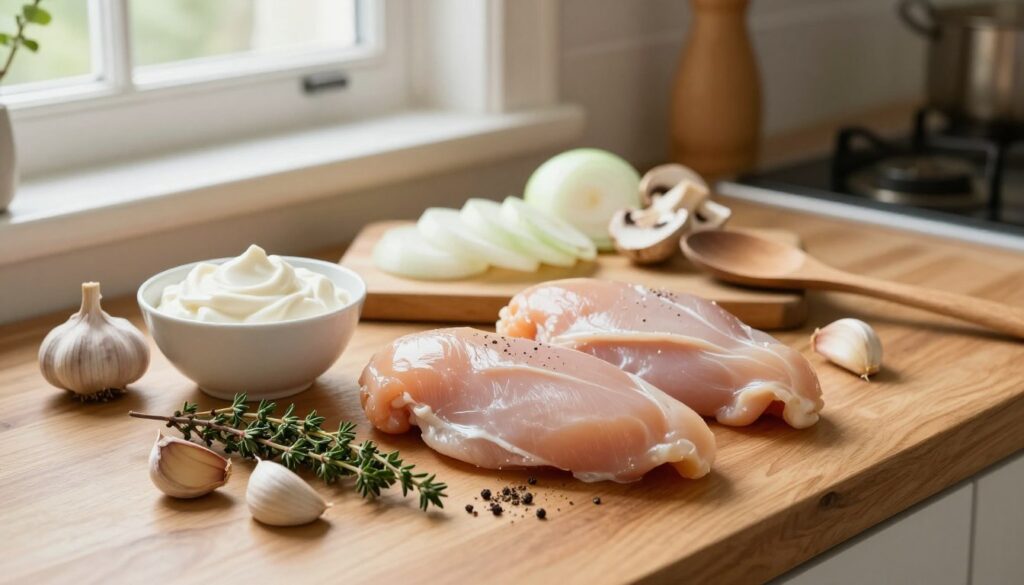 creamy chicken breast recipe ingredients laid out on kitchen counter