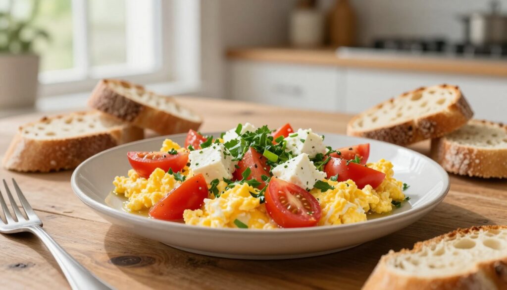 serving greek scrambled eggs with bread