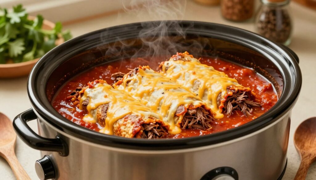 slow cooker beef enchiladas cooking on low heat setting
