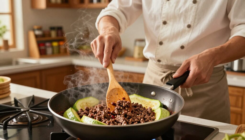 cooking ground beef and zucchini in a skillet