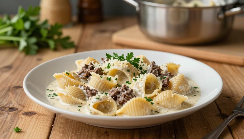 creamy beef and shells
