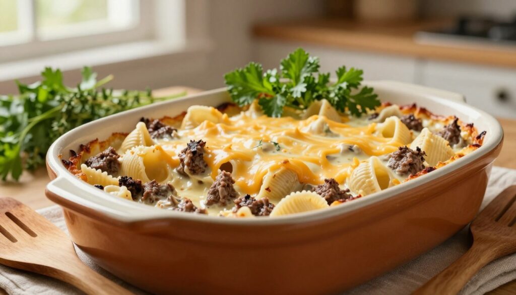 creamy beef and shells casserole with cheese topping