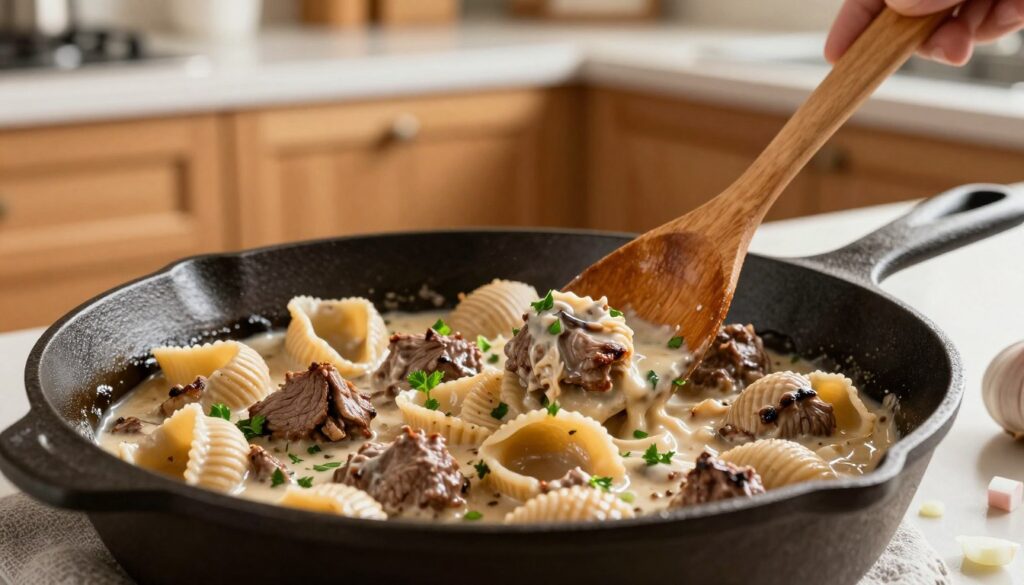 creamy beef and shells skillet preparation