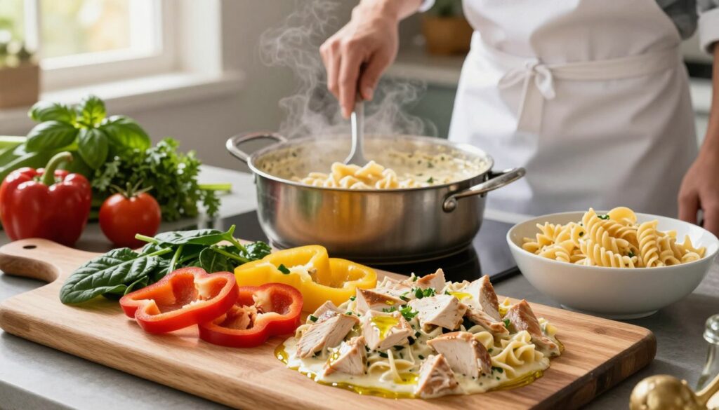 creamy chicken primavera pasta preparation creamy chicken primavera pasta preparation