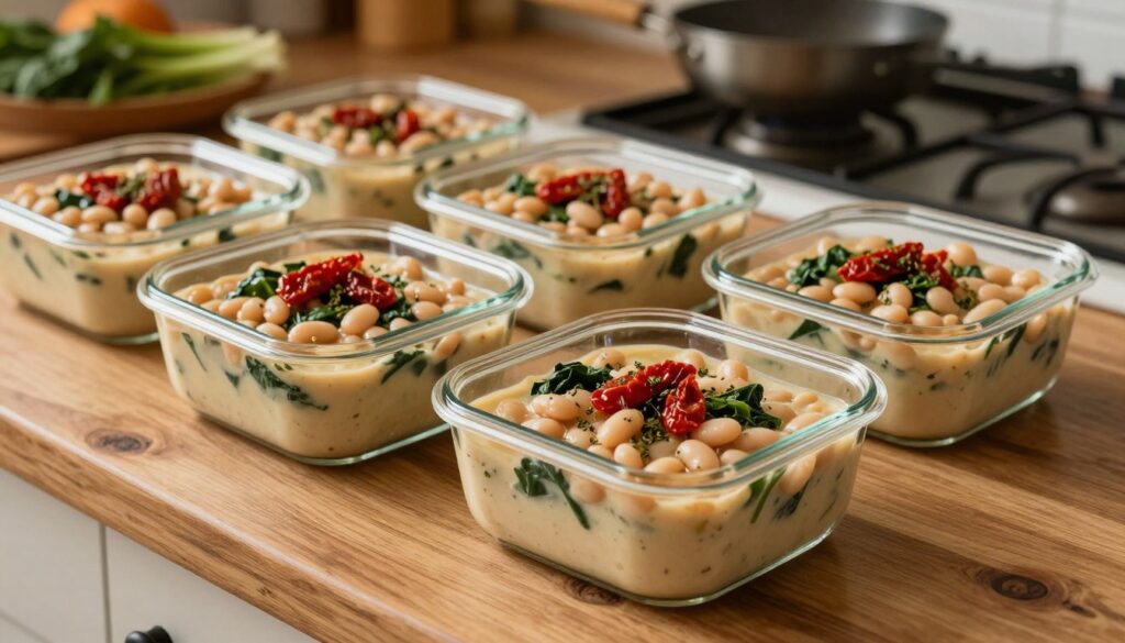 creamy tuscan white bean dinner storage in glass containers creamy tuscan white bean dinner storage in glass containers