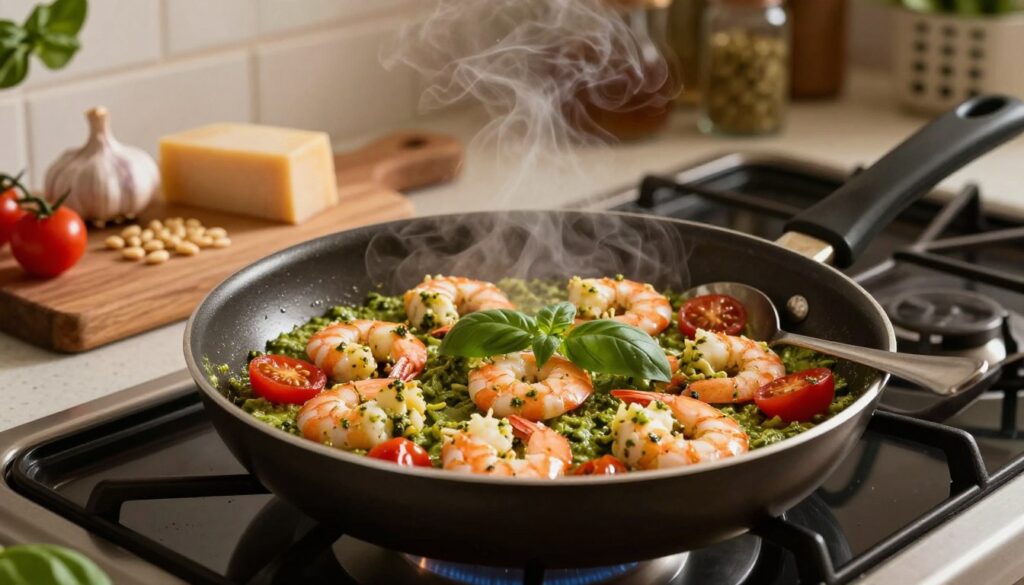easy creamy pesto shrimp recipe cooking in a skillet