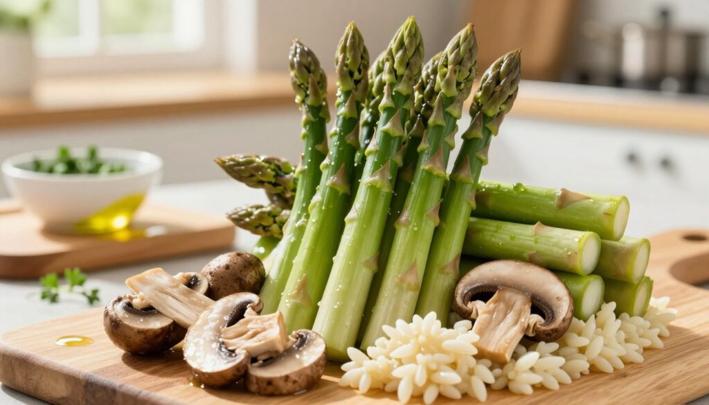 fresh asparagus and mushrooms for asparagus risotto preparation