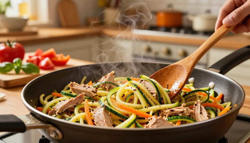 ground turkey zoodle dish cooking in skillet ground turkey zoodle dish cooking in skillet