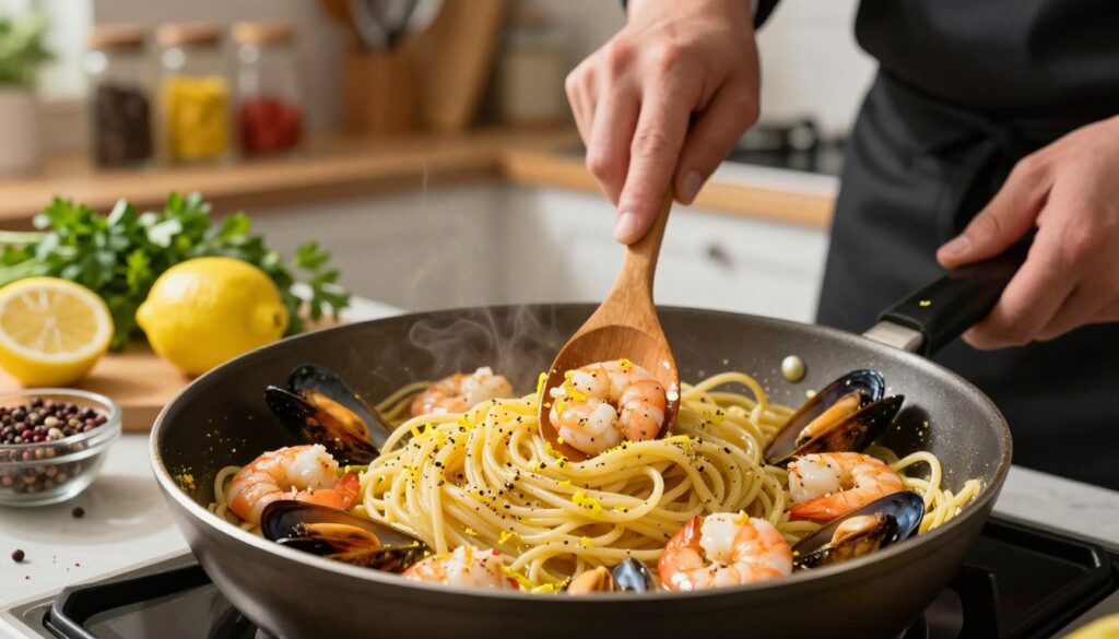 homemade lemon pepper pasta seafood cooking technique