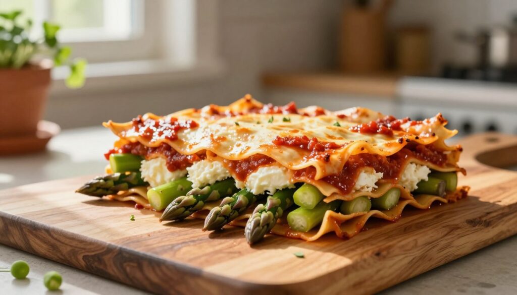 layering vegetarian asparagus lasagna with asparagus spears and cheese layering vegetarian asparagus lasagna with asparagus spears and cheese