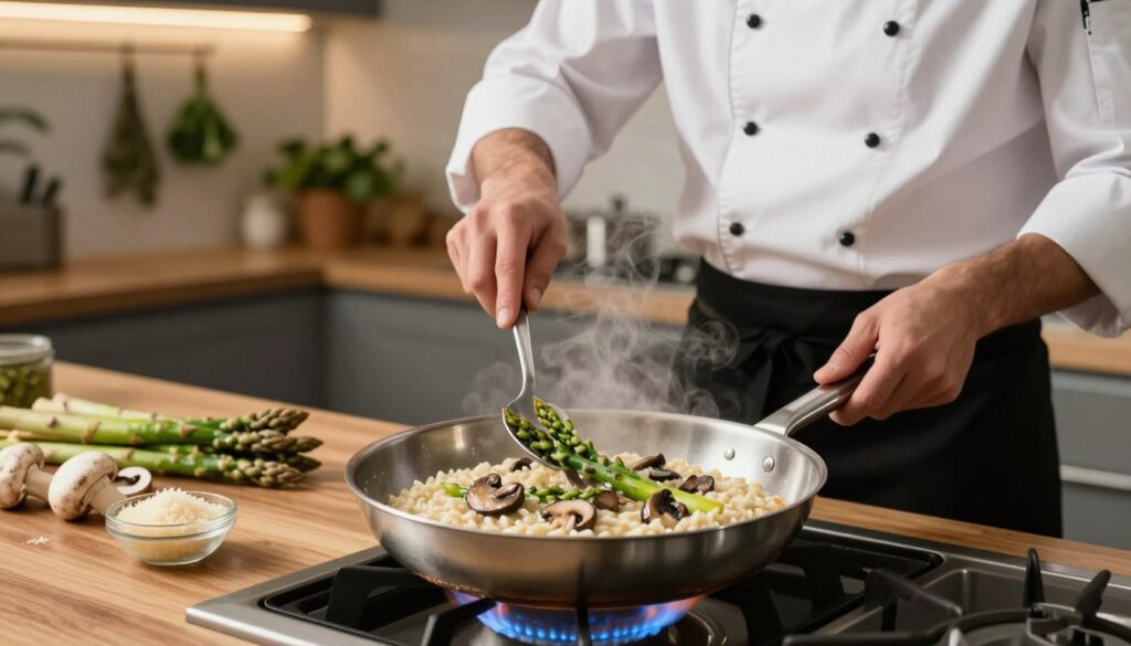 mushroom asparagus risotto cooking technique heat management