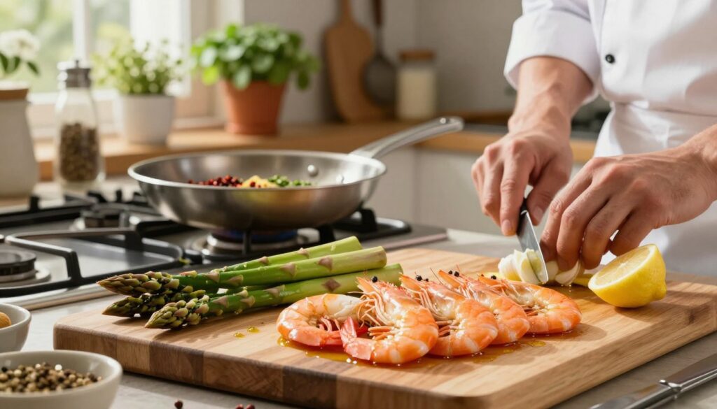 preparing jumbo shrimp and asparagus for cooking