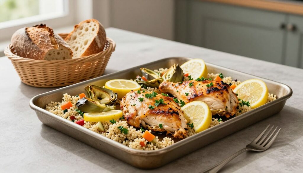 sheet pan lemon artichoke chicken served with quinoa and bread sheet pan lemon artichoke chicken served with quinoa and bread