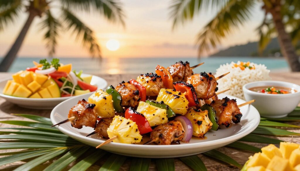 tropical chicken skewers served with island sides