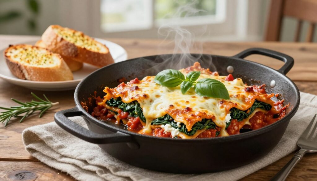 vegetarian skillet lasagna served with garlic bread