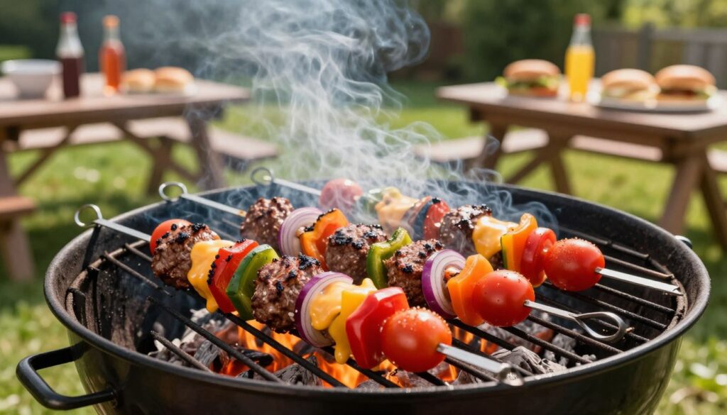 BBQ cheeseburger skewers on the grill